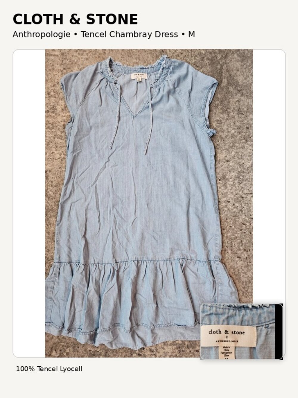 Cloth & Stone Anthropologie Blue Tencel Chambray Ruffle Dress Size M